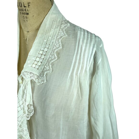 Edwardian white blouse with jabot and open work and handmade lace Size M/L - Picture 3 of 10